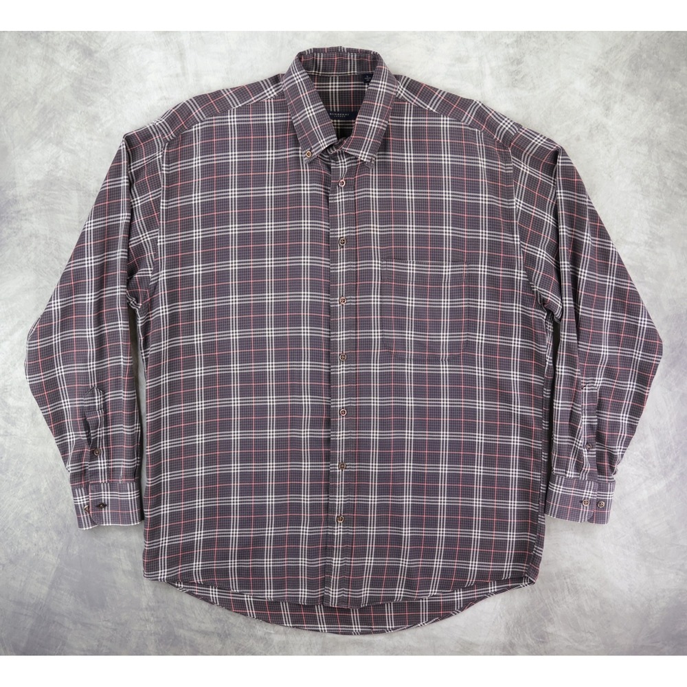 Burberry London Button Down Shirt Men Large Grey Pink Plaid Houndstooth USA READ